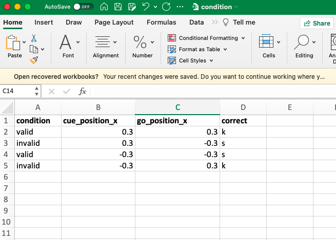 Condition file for Posner Cuing Task.