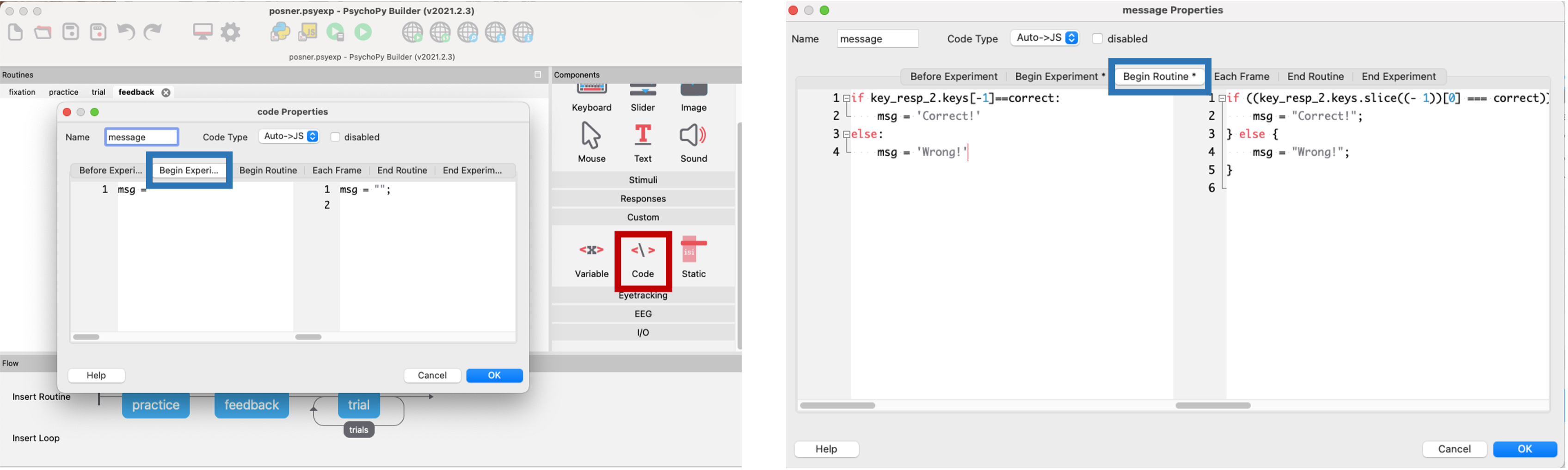 Code component for feedback message