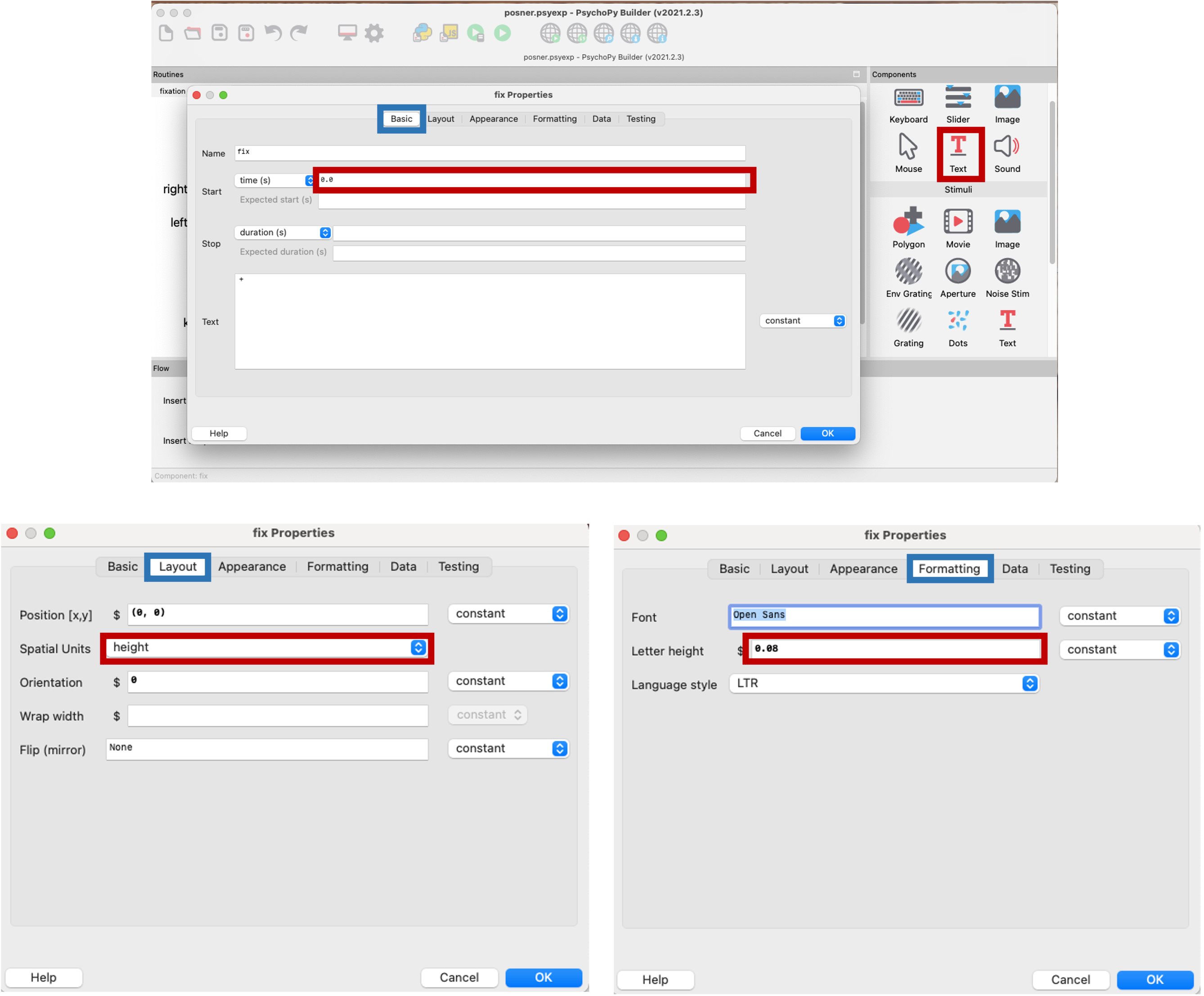 Fixation cross properties on builder.