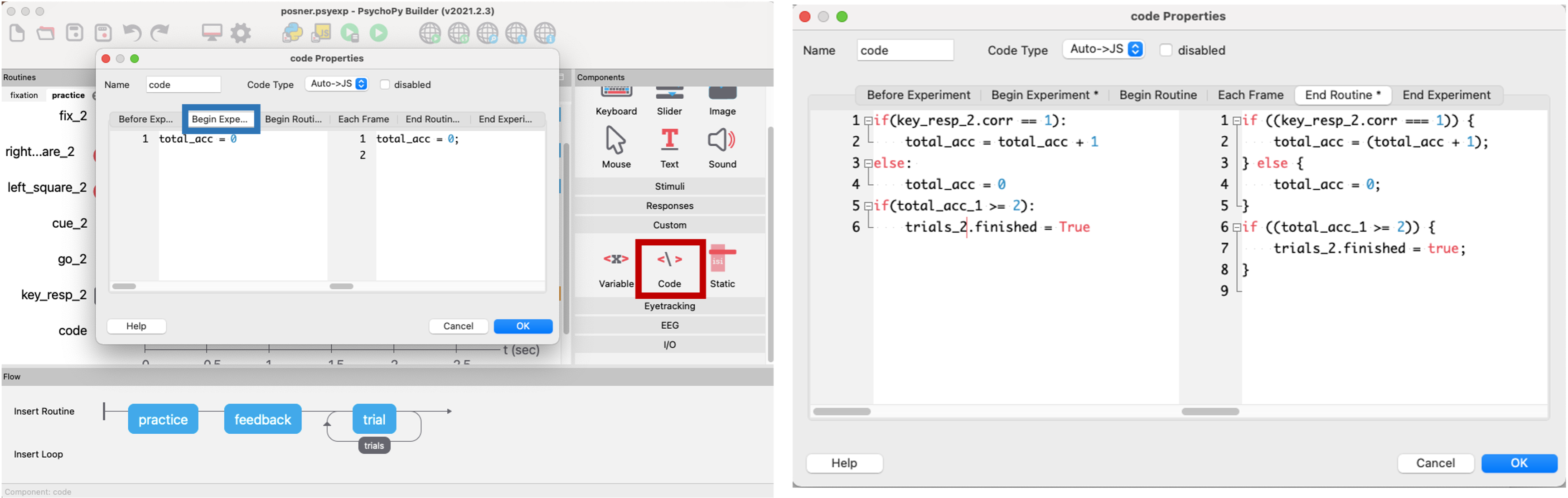 Code component for practice trial